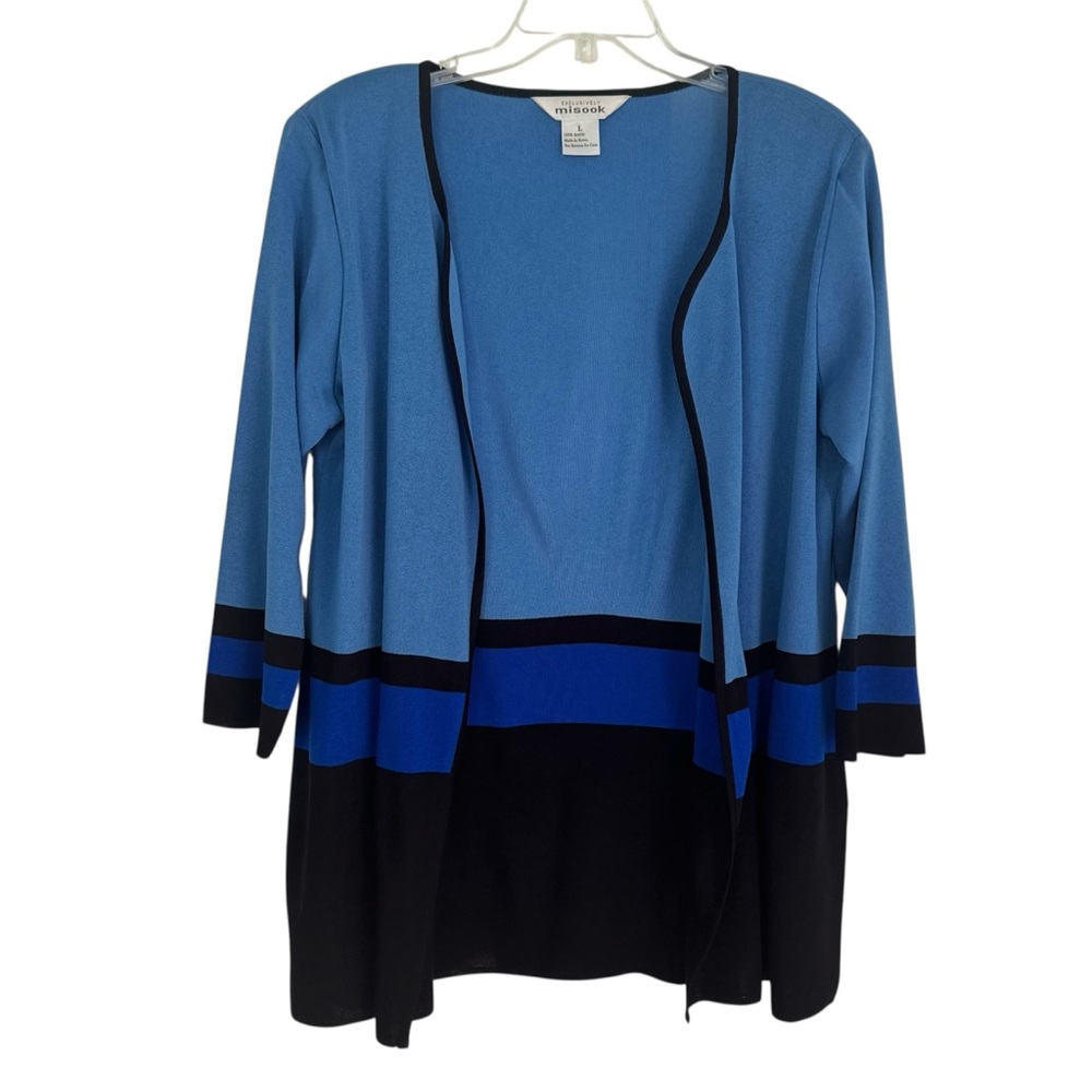 Misook Open-Front Knit Jacket Cardigan Sweater Blue And Black Striped Size L
